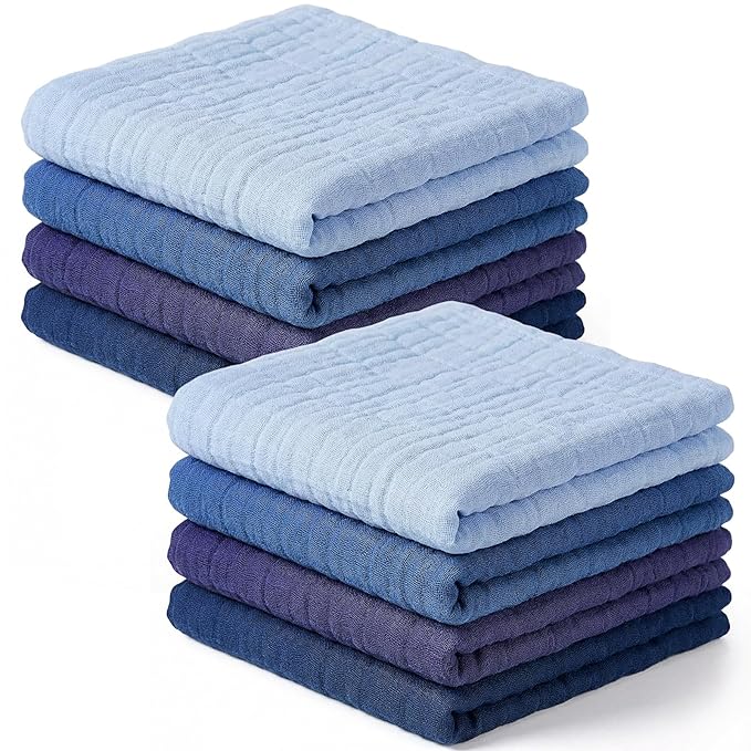 8 Pcs Baby Washcloths for Newborn 12 x 12 Inch Muslin Face Towels Cotton Absorbent for Delicate Skin Soft Muslin Cloth Reusable Baby Registry as Shower Gift, 4 Colors (Dark Blue)