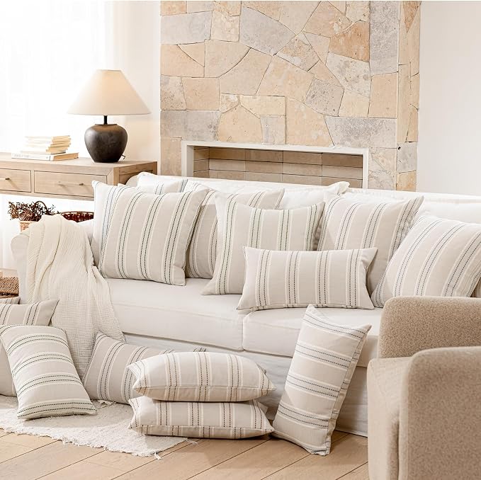 Hckot Striped Throw Pillow Covers 20x20 Set of 2 Charcoal Pillow Covers | Farmhouse Decorative Pillows Textured Linen Square Cushion Covers for Sofa Couch Bed Living Room Decor