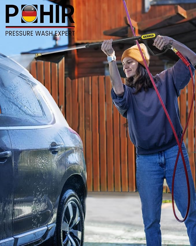 POHIR 5000PSI Pressure Washer Gun, 40 Inch Adjustable Length with 3/8" Swivel Plug & M22-14/15mm Fitting & 5 Nozzle Tips, Power Washing Gun with Wand Extension (5000psi Gun)