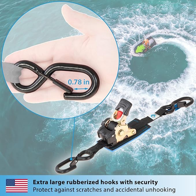 valonic Racoon - Retractable Ratchet Straps - 1300 lbs, with Protection pad and Hooks, 6 ft x 1 in, 2 Pack Black - Boat tie Down Straps