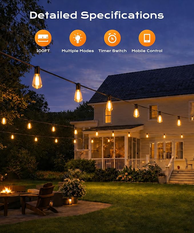 Outdoor String Lights, 100FT Patio Lights for Outside, Smart App & Remote Control with Timer, Dimmable with 4 Scene Modes, Warm White Waterproof LED Bulbs for Garden, Yard and Backyard Decor