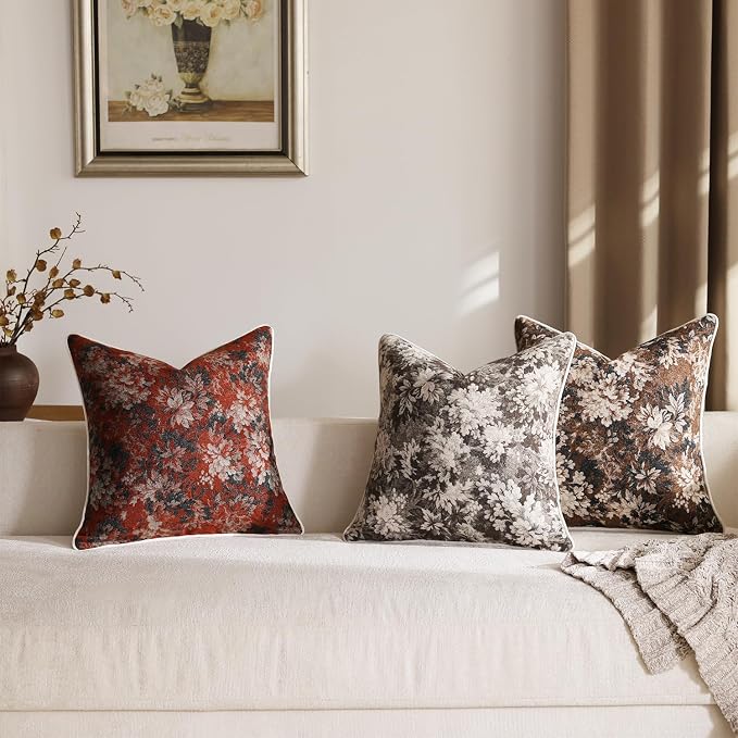 Pack of 2 Vintage Floral Throw Pillow Covers 20x20 Boho Farmhouse Accents Chenille Square Decorative Pillow Cases for Living Room Couch Bed Home Decor, Grey