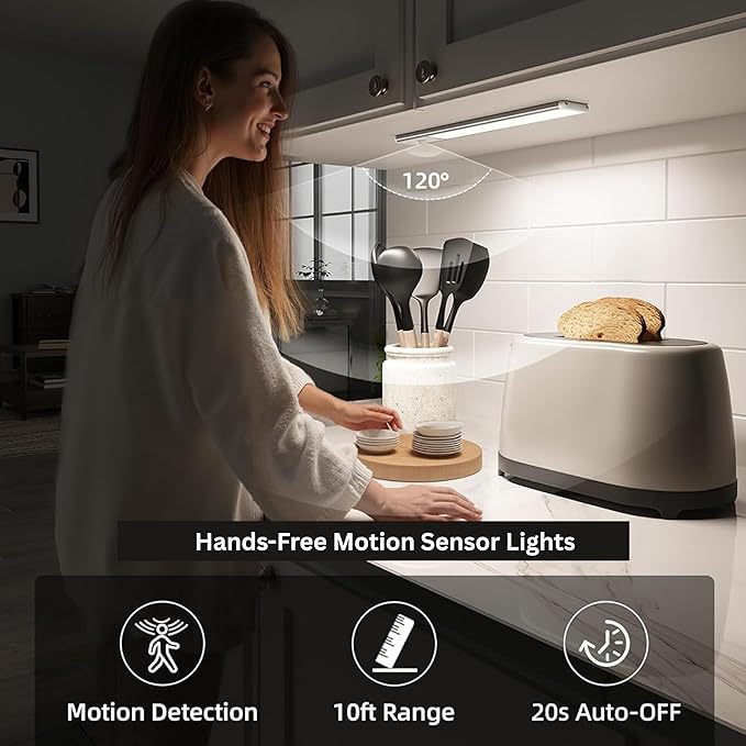 7" LED Cabinet Light with Motion & Light Sensor, Pack of 2 Rechargeable Under Cabinet Lighting, 3 Color Modes 3000K/4500K/6000K, 36 LEDs, 100LM, USB, 1100mAh Battery, Wireless Closet Light