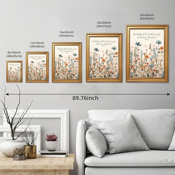 Framed Christian Scripture Wall Art Painting Give Thanks to the Lord Psalm 1361 Floral Print Inspirational Bible Verse Picture Poster Wildflower Faith Decor Canvas Artwork for Home Office 24x36inch