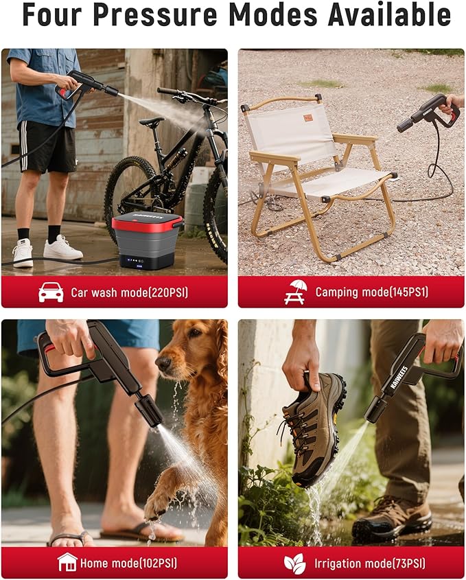 KAIWEETS Portable Electric Pressure Washer Rechargeable with 12L Tank, Foldable Power Washer Cordless with 5 in 1 Nozzle, Max 220PSI, Type-C Charging, 16FT Hose, for Camping, Patio, Bike, Pet Cleaning