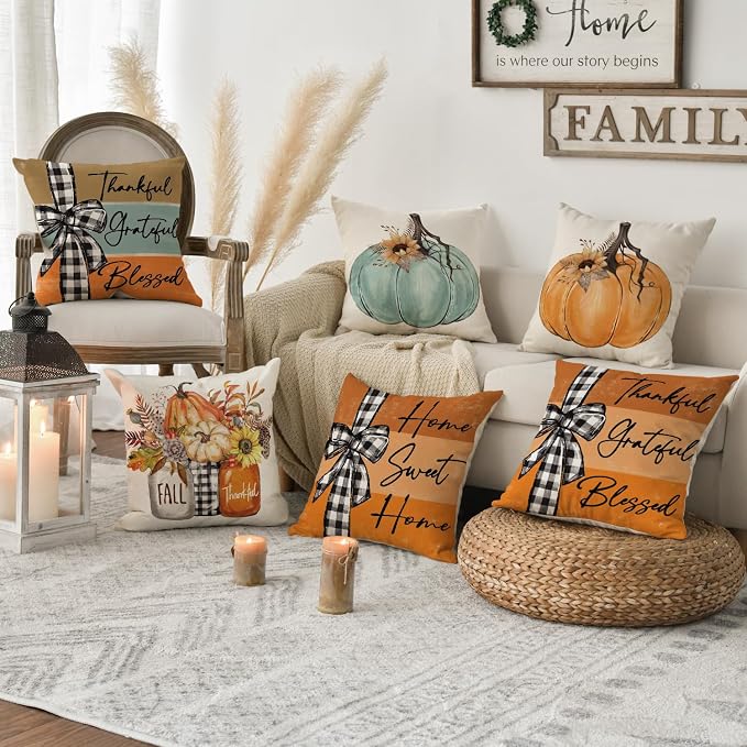 AVOIN colorlife Fall Pumpkin Home Sweet Home Throw Pillow Covers, 20 x 20 Inch Autumn Thankful Grateful Blessed Harvest Floral Orange Decorations for Sofa Couch Set of 4