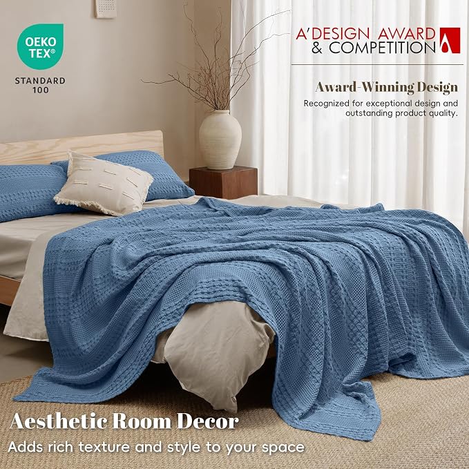 PHF 100% Cotton Waffle Weave Blanket Queen Size, Lightweight Breathable Summer Blanket for Hot Sleepers, Pre-Washed Soft Layer for Bed, Couch, Aesthetic Home Decor & Gift, 90"x90", Denim Blue