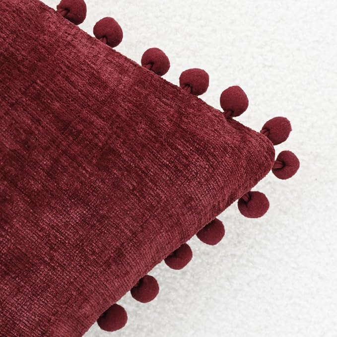 CaliTime Decorative Couch Throw Pillow Covers 16 X 16 Inches Burgundy | Pack of 2, Cozy Chenille Cushion Cases, with Pom Poms for Sofa Bed Living Room Farmhouse Home
