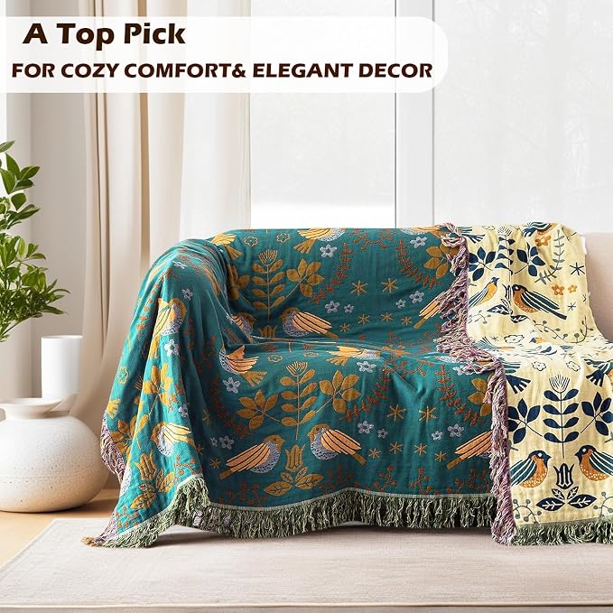 VANJOROY Boho Throw Blanket, 100% Organic Cotton Breathable Ultra Soft 91" x 108" King Bed Quilt Throw - Floral Rustic Bird Farmhouse Decor Luxury Blanket for Sofa Couch Chair and Gift,Teal/Beige