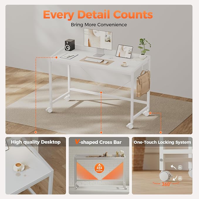 Mericonia 32x20 Inch Small Computer Desk with Wheels & Rear Lip | Simple Rolling Desk, Writing Table for Home Office Bedroom Work Study, White