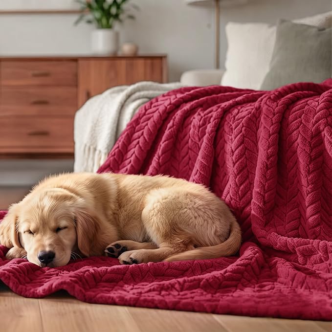 Exclusivo Mezcla Soft Fleece Bed Blanket Queen Size, 90”x90”, Deep Red | Cozy Fluffy Lightweight Blankets for Summer, Decorative Plush Flannel Throws for Living room, Bedroom with Leaves Pattern
