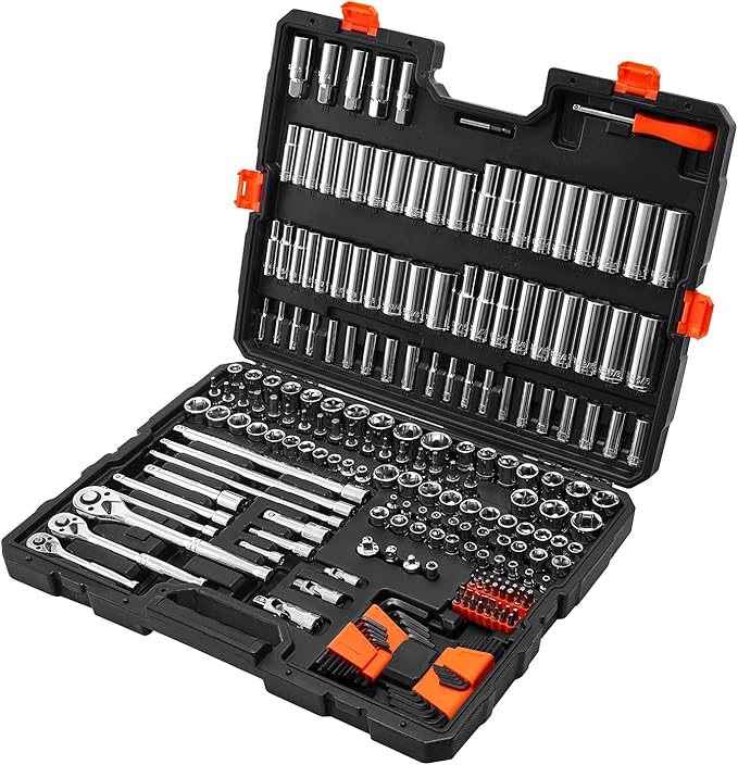VEVOR Socket Set, 225 Pieces, 3/8 & 1/4 & 1/2 inch Drive Socket and Ratchet Set, SAE and Metric, Deep and Shallow, Mechanic Tool Kit with Bits, Accessories, Storage Case, CR-V Alloy Steel, for Repair