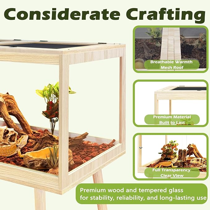PROLEE Bearded Dragon Tank with Leg,Tempered Glass Lizard Tanks and Reptile Enclosure,Up to 78 Gallon Reptile Tank with Metal Mesh and Lockable Door for Snakes,Chameleon (Oak, 78Gallons,48inch)