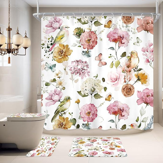 4 PCS Pink Floral Birds Bathroom Set with Shower Curtain and Rugs 72Wx72H Inch Classical Watercolor Non-Slip Bath Rug Toilet Lid Cover and U Shape Mat Accessories 12 Hooks Bathoom Decor