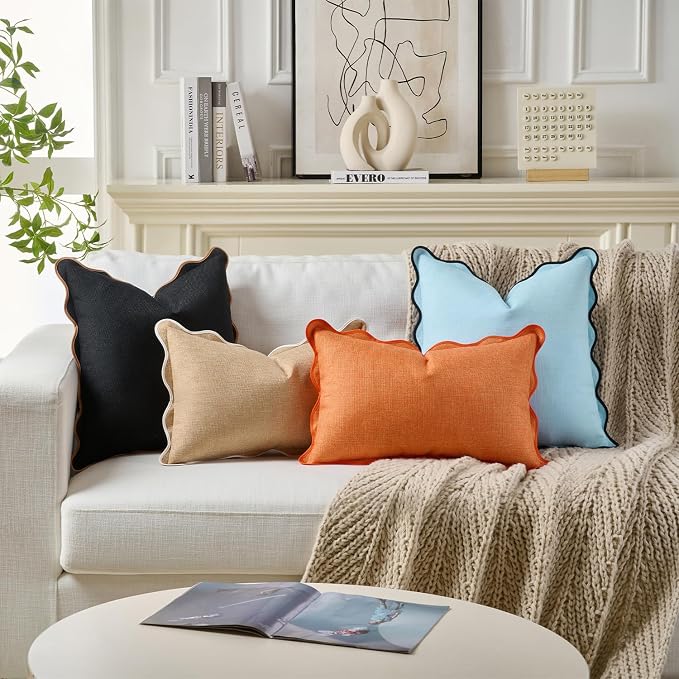 Scalloped Throw Pillow Covers Set of 2 for Living Room, Boho Sytle Decorative Home (Blue & Teal, 20x20 Inch)