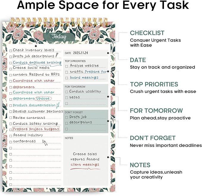 Taja To Do List Notepad, Undated Daily Planner for Work and Goal Setting | Rose Meadow, 52 Sheets, 9.8" x 6.5" , for Office, Home and school, Daily Task Planning, Notes and Everyday Organization