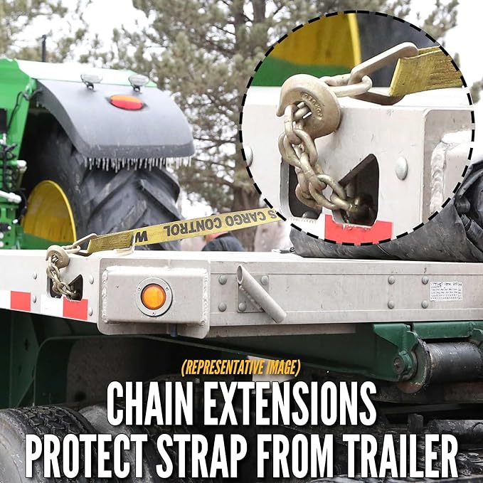 US Cargo Control Chain Ratchet Strap 2 Inch x 27 Foot, 10,000 LBS Break Strength, Heavy Duty Ratchet Straps with Chains Ends & Grab Hooks, Heavy Equipment Tie-Downs, Tractor Tie Downs
