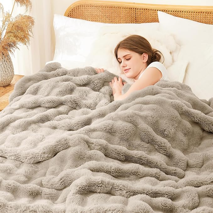 L'AGRATY Faux Rabbit Fur Throw Blanket for Couch, 60'' x 80'', Castle Grey | Soft Cozy Bubble Fluffy Blanket for Sofa Bed, Thick Warm Plush Fuzzy Throw for Room Home Decor, Luxury Gift for Women Mom