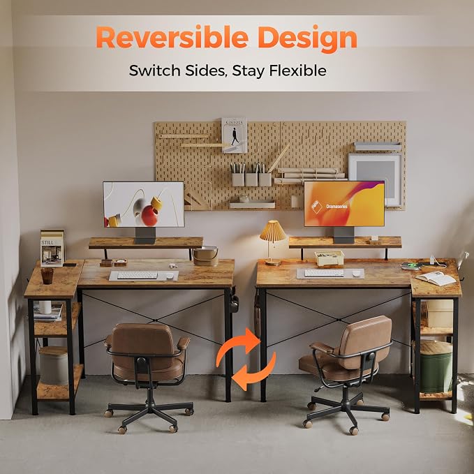 Mericonia 55 in L Shaped Gaming Desk, Large Corner Desk with Monitor Stand | Reversible Computer Desk with Power Outlets, LED Light & Storage Shelves, Office Table for Home Bedroom Study Work Writing