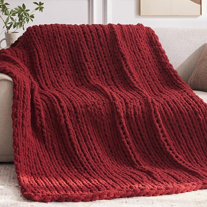 Negwoo Chunky Knit Throw Blanket, Knitted Throw Chenille Yarn, 60"*80" | Soft Thick Cable Knitted Blankets, Handmade Big Thick Blanket, Machine Washable Cute Comfy Blanket for Home Decor, Red