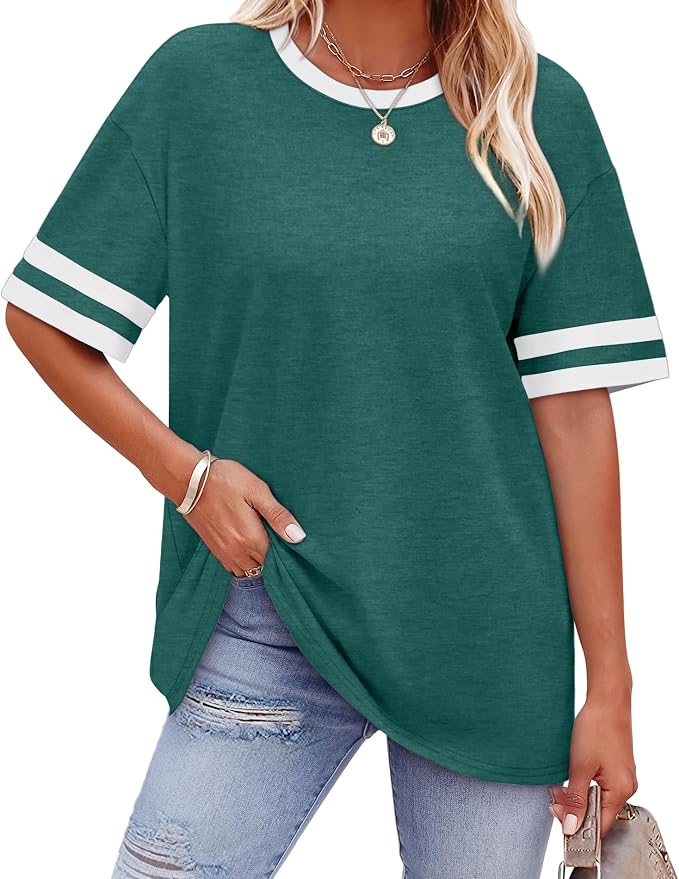 WIHOLL Womens T Shirts Loose Fit Short Sleeve Tees Crew Neck Color Block Summer Tops 2026 Fashion
