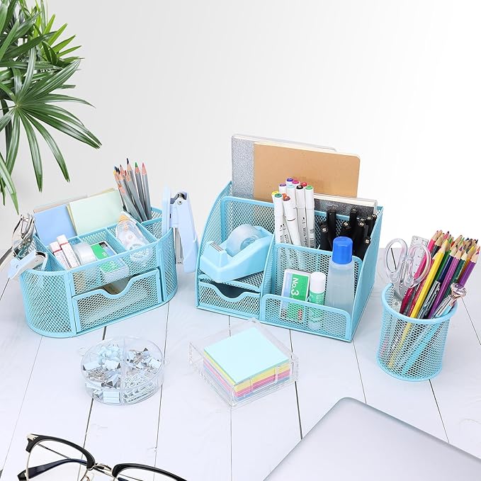 17 in 1 Blue Desk Organizers and Accessories Set, 3 Office Desk Supplies Storage Organization, 4 Pens, Stapler, Staples & Remover, Tape & Dispenser, Scissors, Ruler, Clips, Hole Punch, Back to School