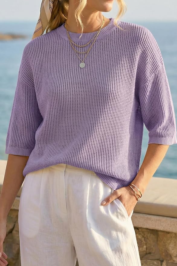 Arach&Cloz Womens Summer 100% Cotton Oversized Crochet Tops 3/4 Length Sleeve Sweater Hollow Out Casual Blouses 2026
