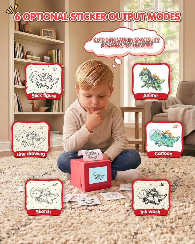 Smart AI Voice Sticker Printer Cube, Magic Thermal Sticker Maker with Display, Inkless Portable Sticker Cube for Home, Office, Study & DIY Projects, 5 Rolls Paper Included