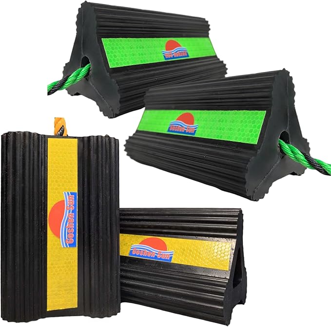 Goshen Sun- Heavy Duty Rubber Wheel Chocks with Reflective Strips,Set of 2/4 (8.25x4.5x4 Inch),All-Weather, Non-Slip,Wear-Resistant & Portable Parking Security for Airplan, RV, Trailer (4, Green)