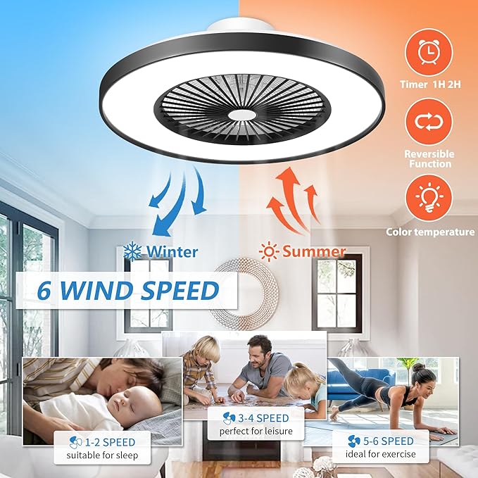 24" Low Profile Ceiling Fan with Light, Modern Flush Mount Bladeless Ceiling Fan with APP & Remote Control, 6 Speeds Silent DC Motor, 3-Color Dimmable LED, Matte Black