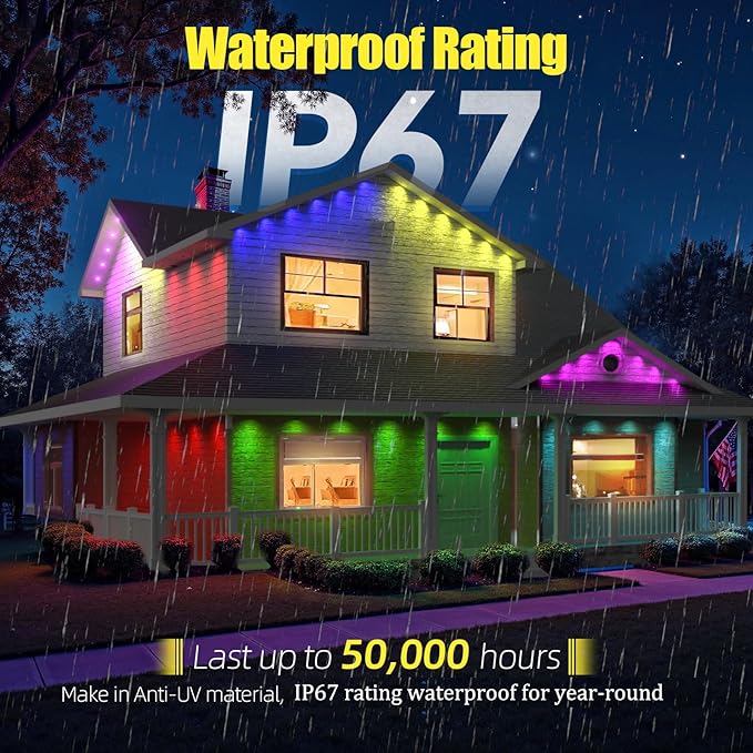 Permanent Outdoor Lights, 150ft RGB+IC Smart LED Eaves Lights, IP67 Waterproof Outdoor Lighting with App/Remote Control for Daily, Christmas, New Year, Halloween, Holiday, Party, Valentine's Day