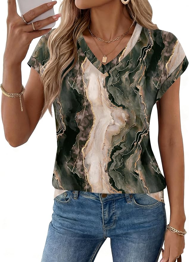 Rapbin Womens Summer Tops Women Blouses Dressy Casual V Neck T Shirts Short Sleeve Spring Tops for Women