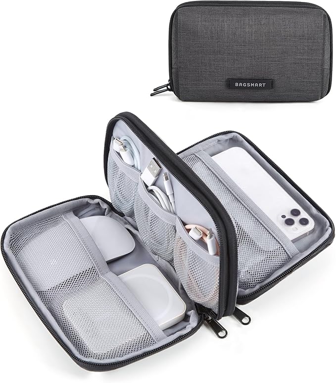 BAGSMART Electronics Travel Organizer for Cords Chargers Phones, Black | Travel Essentials, Tech Organizer Pouch, Cord organizer bag for Cables, Compact Travel Accessories