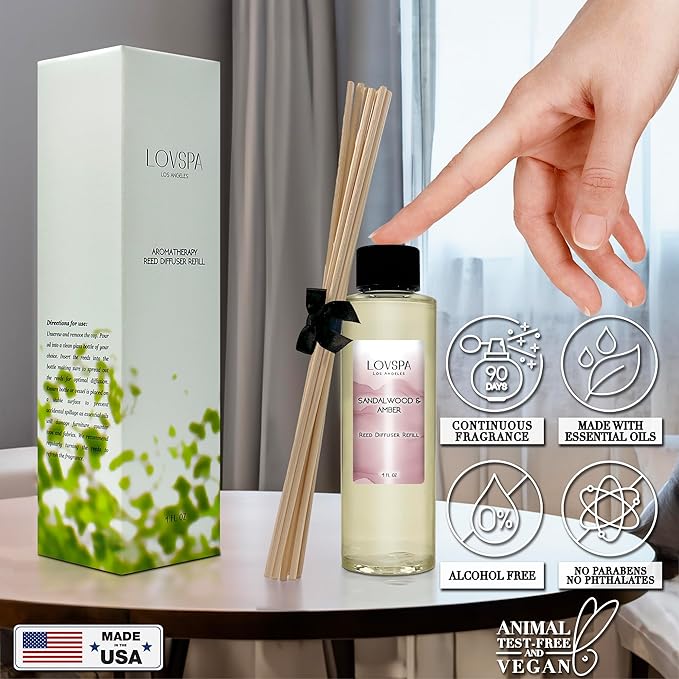 LOVSPA Sandalwood & Amber Diffuser Oil - Luxury Essential Oils for Diffuser Refill & Air Freshener Room Spray - Long-Lasting & Natural Home Fragrance, Scented Oil for Diffusers, USA Made, 4oz