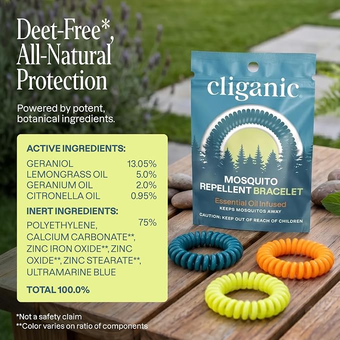 Cliganic 50 Pack Mosquito Repellent Bracelets for Adults & Kids - Natural DEET-Free Bands, Individually Wrapped