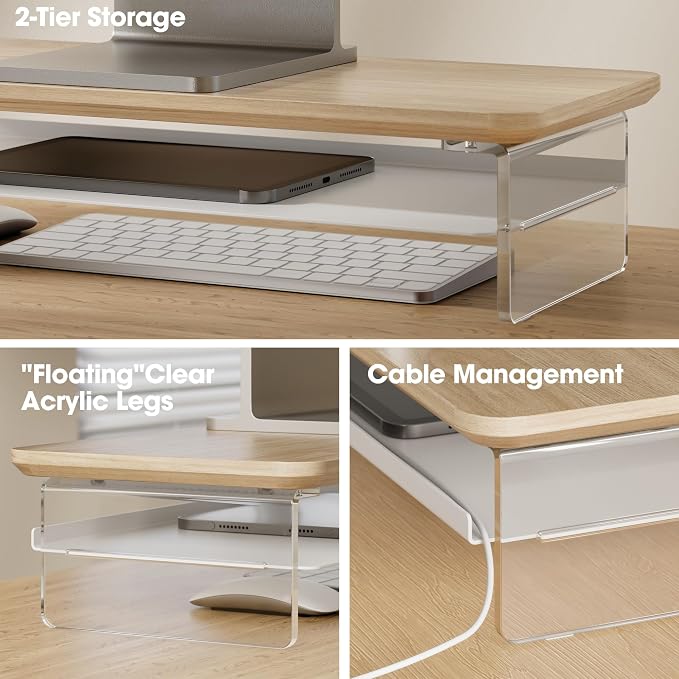 Fenge 23.6" Monitor Stand with Clear Acrylic Legs, Oak | Clear acrylic, storage compartment, 2-tier home office monitor riser, wide large desktop shelf fit monitor/laptop/printer