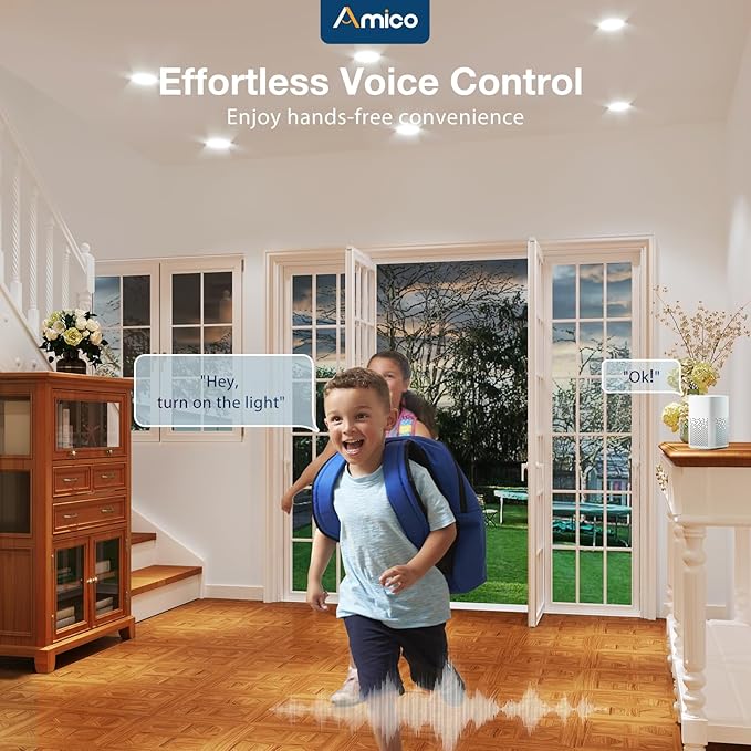 Amico 4 Pack 6 Inch Smart LED Recessed Lighting, WiFi Canless Downlight with Junction Box, RGB & 2700-6500K Color Changing, 12W=110W 1000LM, Voice&Remote&Group Control