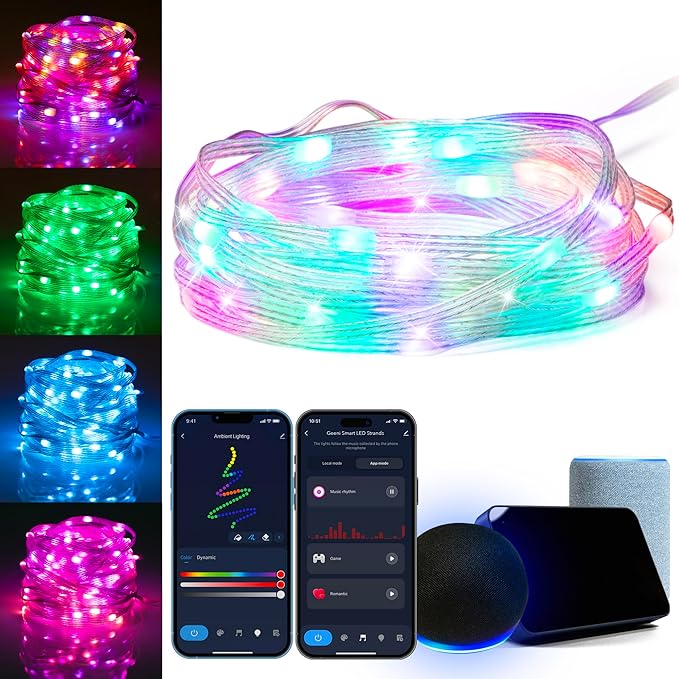 Geeni Smart Fairy Lights 16.4ft 50 LED, Advanced Color Flow LED Strand with Wi-Fi Voice Control, Schedule Timers for Lights and Devices, Compatible with Alexa & Google Home