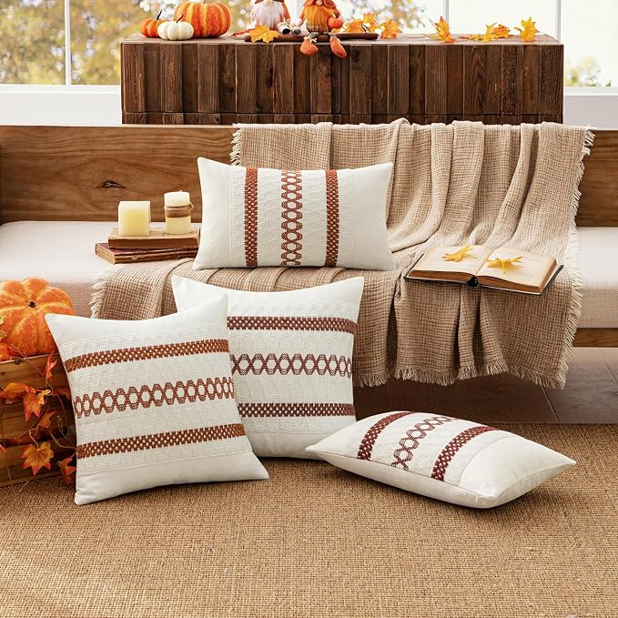 MIULEE Set of 2 Fall Burnt Orange Decorative Pillow Covers 20x20 | Farmhouse Boho Couch Throw Pillows, Modern Cotton Cushion Covers, Macrame Woven Home Decor for Bed Sofa Chair