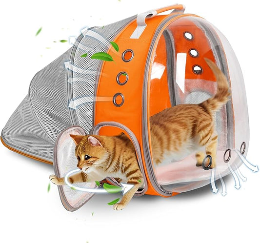 Cat Backpack Carrier Back Expandable Bubble Pet Carrier Backpack for Large Cat, Kitten and Dog, Designed for Hiking, Travelling and Outdoor Use (Back Expandable-Orange)