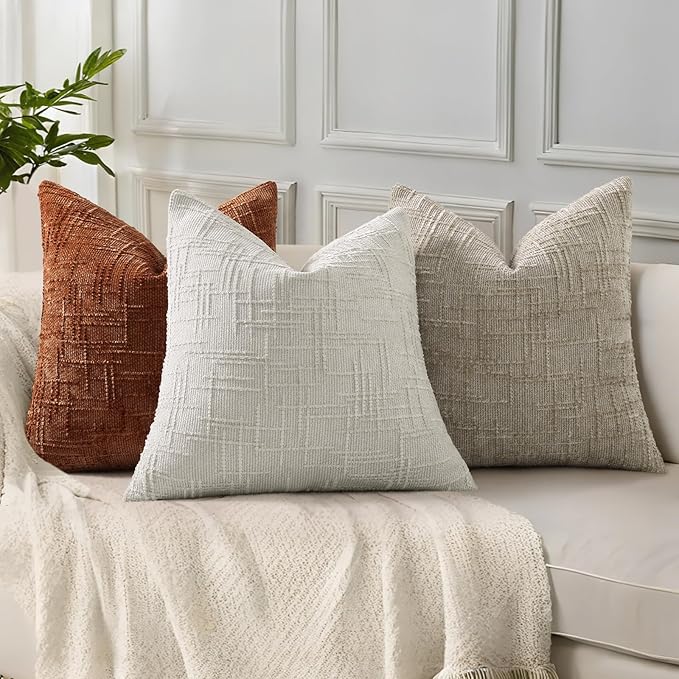 decorUhome Textured Chenille Throw Pillow Covers 18x18 Set of 2 Light Grey | Fall Modern Farmhouse Soft Cozy Slubby Couch Pillow Cases Boho Decorative Pillow Cases for Bed Sofa Living Room Home Decor