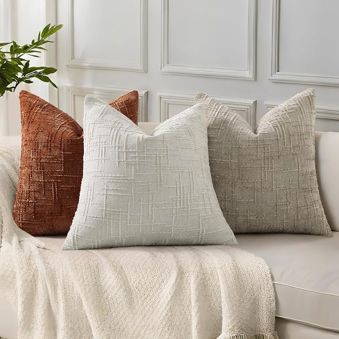 decorUhome Textured Chenille Throw Pillow Covers 16x16 Set of 2 Light Grey | Fall Modern Farmhouse Soft Cozy Slubby Couch Pillow Cases Boho Decorative Pillow Cases for Bed Sofa Living Room Home Decor