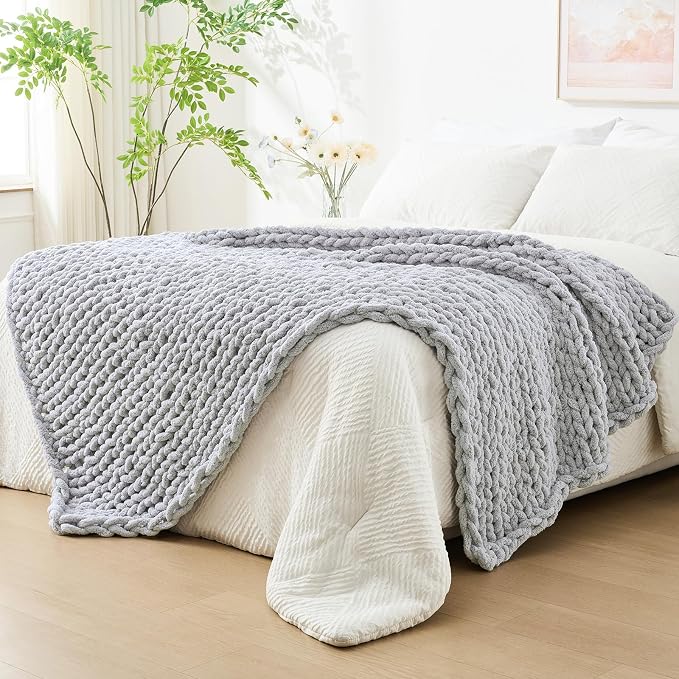 Bigacogo Chunky Knit Throw Blanket for Couch, 40x80 inches, Light Grey | Hand Knit with Jumbo Chenille, Soft Breathable Cable Knit for Sofa Bed Living Room, Machine Washable, Gift for Mom Friend