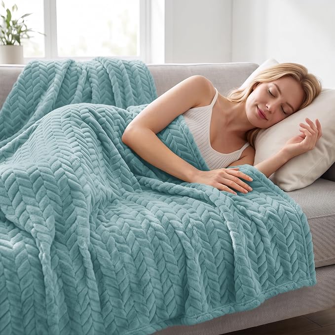 Exclusivo Mezcla Soft Fleece Bed Blanket Twin Size, 60”x80”, Celadon | Cozy Fluffy Lightweight Blankets for Summer, Decorative Plush Flannel Throws for Living room, Bedroom with Leaves Pattern
