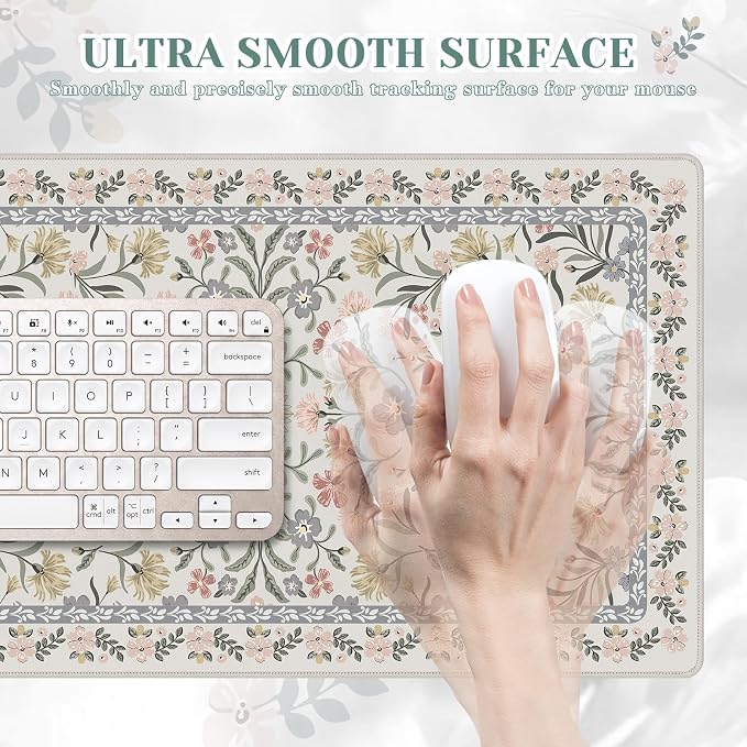 iCasso Aesthetic Mouse pad,23.6x13.7 Desk Pad Mat, Gray Floral | Desk Matt for Desktop, Anti-Slip Mousepad with Stitched Edges for Laptop Computer Keyboard