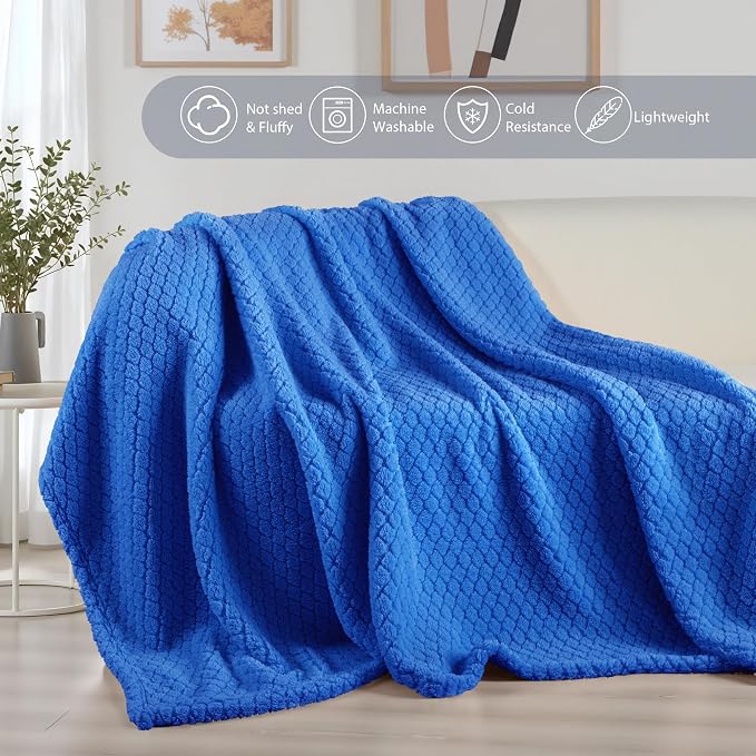 Exclusivo Mezcla Soft Fleece King Size Blanket for Bed, Cobalt Blue | Jacquard Lightweight Cozy Bed Blanket, Breathable Decorative Fuzzy Textured All Season Use, 90x104 Inches