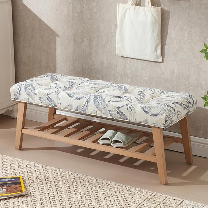 Entryway Shoe Bench Storage Benches with Upholstered Button Tufted Seat and Open Slatted Shelf Linen Shoe Rack for Hallway Living Room Bedroom End of Bed, Pattern