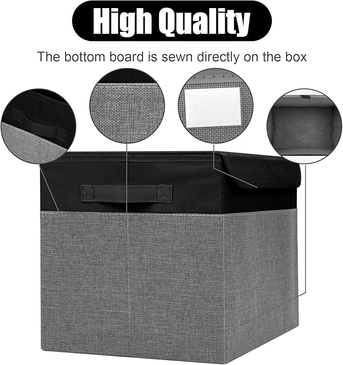 Large 17" 42 Quarts Collapsible Stackable Storage Bins with Lids [3-Pack] Foldable Fabric Linen Storage Boxes Cube, Closet Organizer Baskets with Label for Home (16.7 x 12 x 12", Black & Gray)