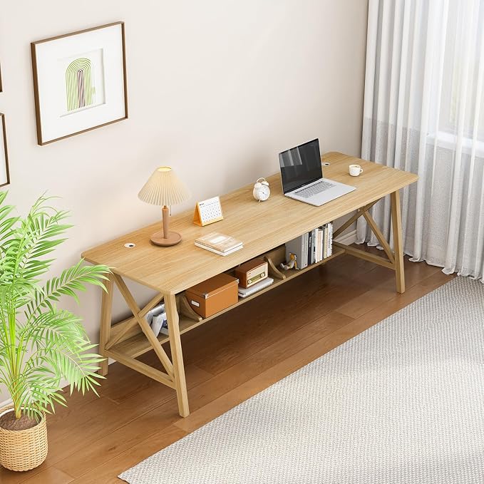 NELYE Extra Long Writing Desk with Bookshelf, 71" Wx20 Dx30 H, Oak | Wooden Home Office Work Study Table, Computer Gaming Workstation with Storage Shelf, Sturdy MDF Resists Wobble