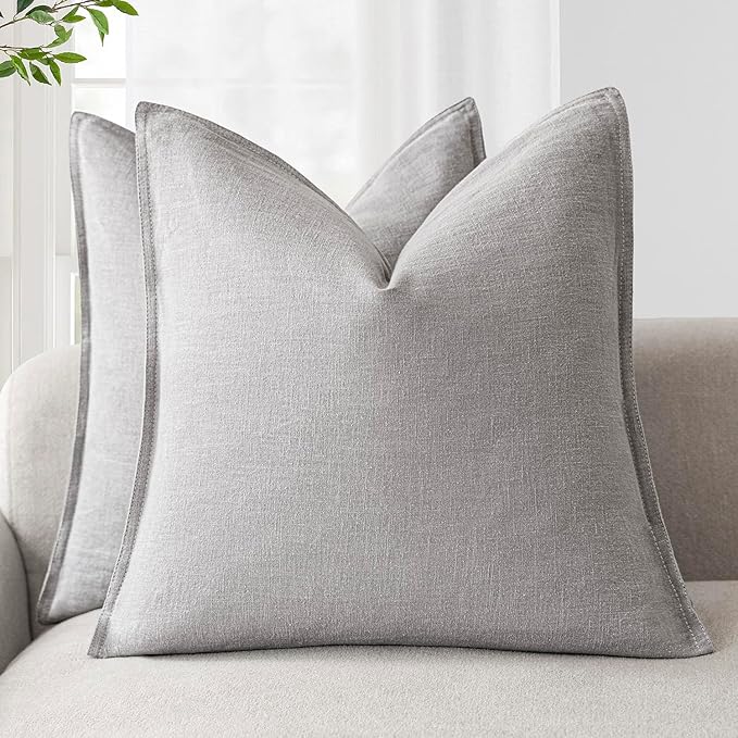 Foindtower Pack of 2, Decorative Linen Solid Throw Pillow Covers Soft Accent Cushion Case Boho Farmhouse Pillowcase for Chair Couch Sofa Bedroom Living Room Home Decor 22 x 22 Inch Light Rustic Gray